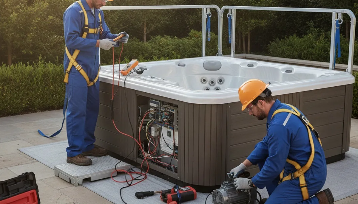 Spa repair technician servicing a Tacoma, WA home spa for plumbing maintenance and repair