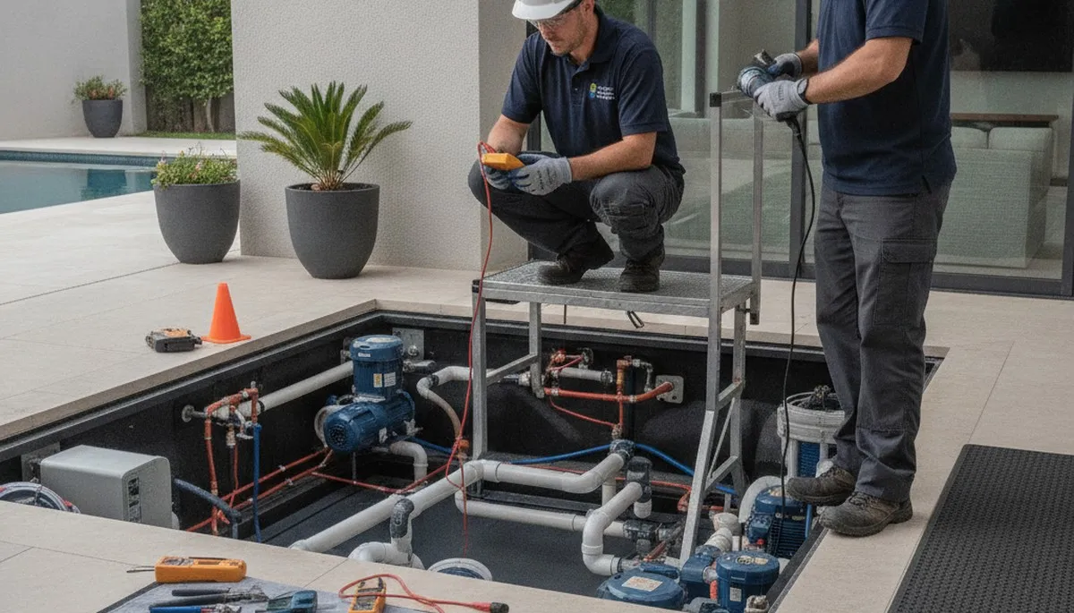 Tacoma, WA spa repair technician inspecting spa plumbing for home service